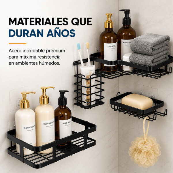 Organizador Baño Estante 5 Piezas Adhesivo Acero Inoxidable Negro 1