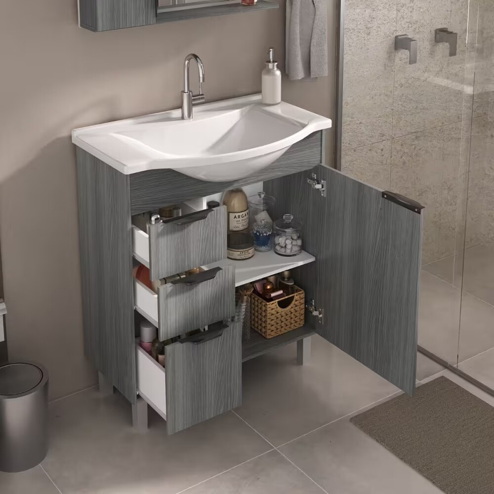 Mueble de baño de Pie Crystal Etna 72 cm con Bacha de resina y espejo con botiquín Mueble De Baño De Pie Crystal Etna 72 Cm Con Bacha De Resina Y Espejo Con Botiquín