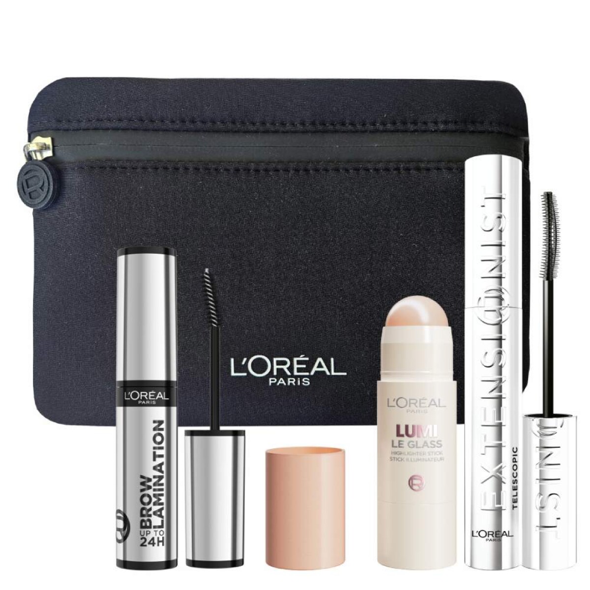 Pack L'Oréal Máscara de Pestañas Extensionist + Brow Lamination + Iluminador Le Glass Stick N°610 Pearl 