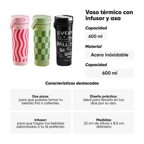 Vaso térmico de acero con infusor y asa - 610ml Rosado