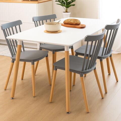 Juego de Comedor con Mesa Rectangular Blanca y 4 Sillas Windsor Grises Patas de Madera Juego de Comedor con Mesa Rectangular Blanca y 4 Sillas Windsor Grises Patas de Madera