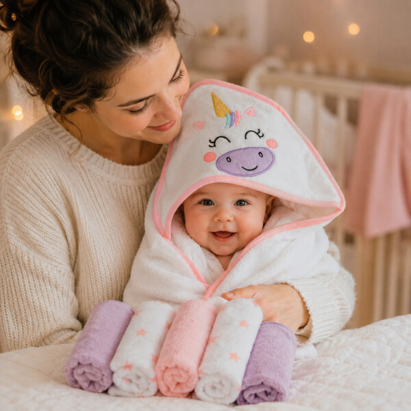 Set Toalla Con Capucha Bebé Ballena + 6 Toallitas Algodón Color Blanco