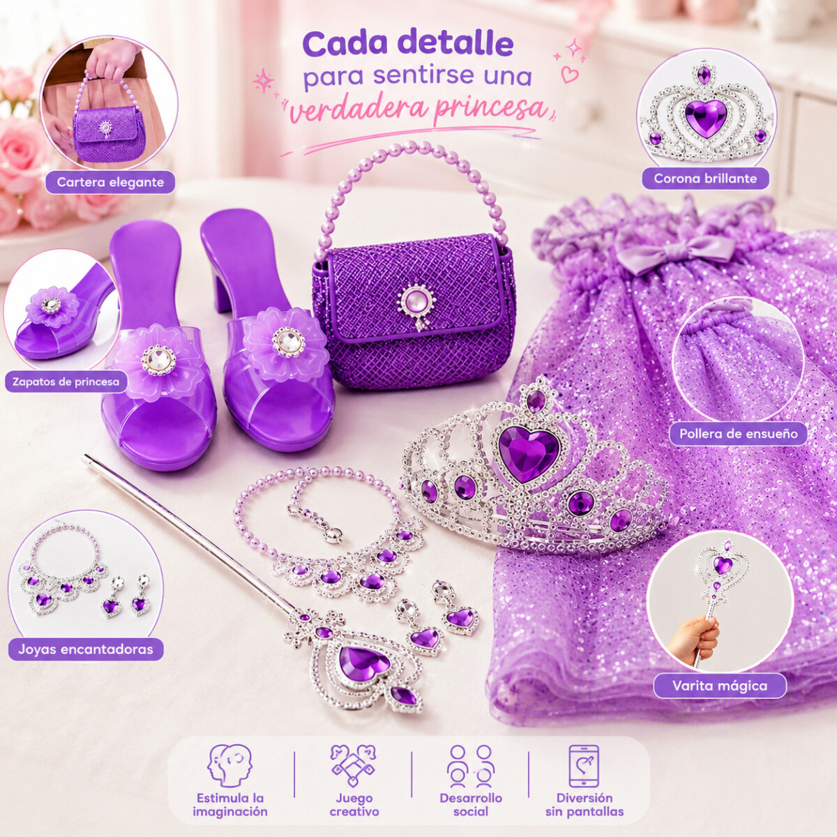 Set Disfraz Princesa Niña Corona Pollera Accesorios Cartera 