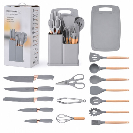 Set Cocina Menage 19Pz Utensillos Cuchillos Tabla c/Soporte Gris