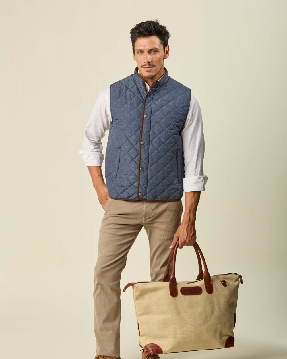 Bolso Tafeta y Cuero Azul Beige