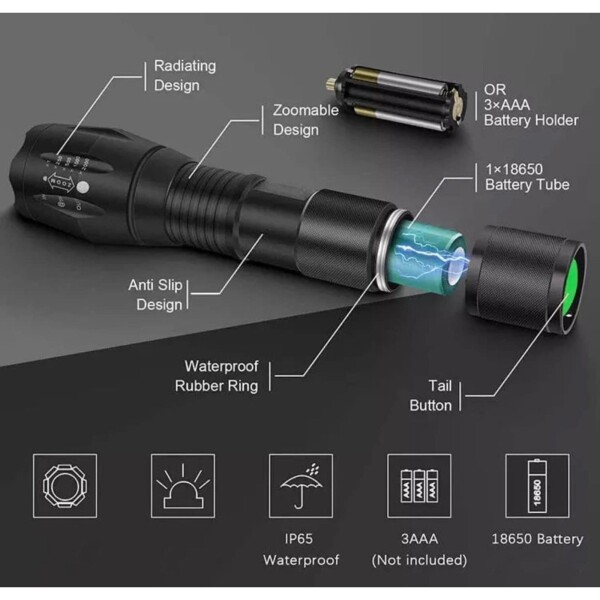 Linterna Tactica Recargable 400 Metros Zoom Caza Camping Color Variante Negro