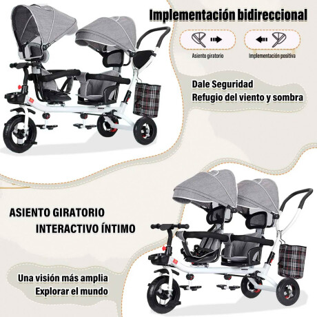 Coche Triciclo Doble Toldo Anti UV Asiento Giratorio Gris Claro