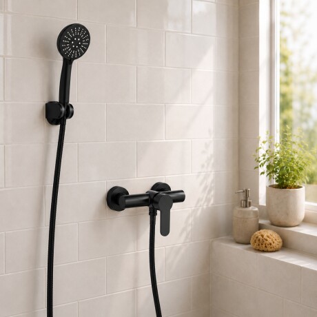 Grifería duchero teléfono + Soporte + Colilla baño NEGRO