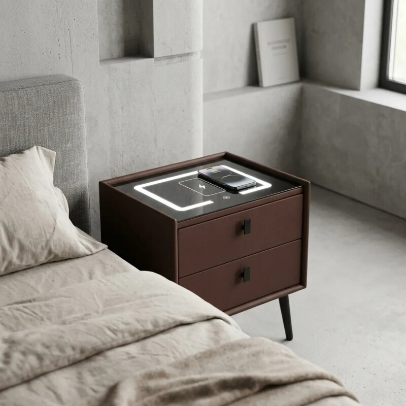 Mesa De Luz Inteligente C/Cargador Inalám Y Luz Led Marron
