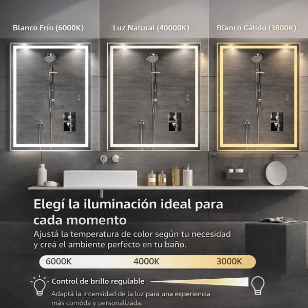 Espejo Rectangular Con Led Baño Led10 60 X 80cm Desempañador ESPEJO RECTANGULAR LED10 60X80