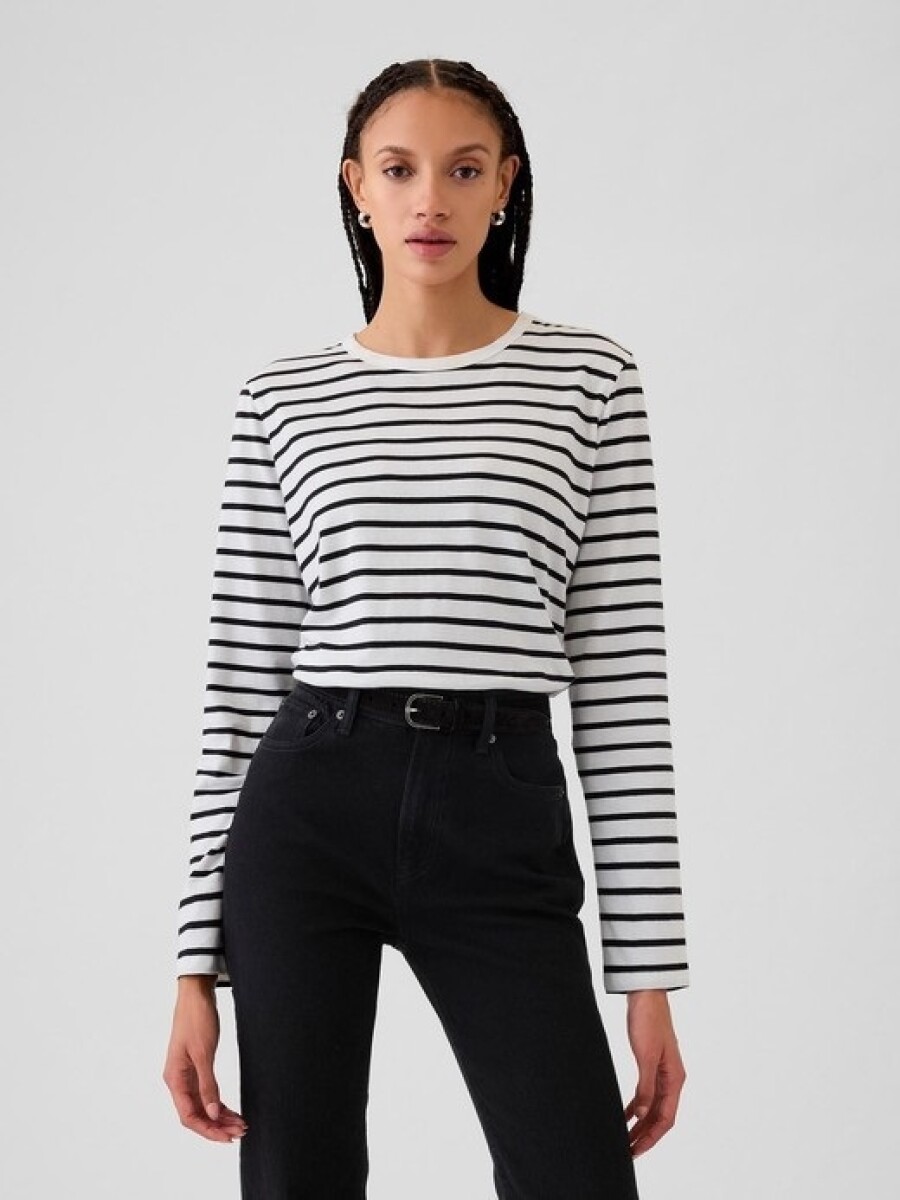 Remera Manga Larga Mujer - White Black Stripe 