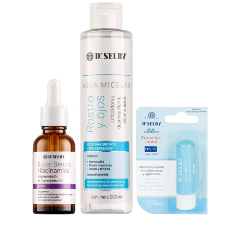 Pack Dr. Selby Súper Sérum Niacinamida 30ml + Agua Micelar 200ml + Protector Labial Skin Protect FPS15 5.7ml Pack Dr. Selby Súper Sérum Niacinamida 30ml + Agua Micelar 200ml + Protector Labial Skin Protect FPS15 5.7ml