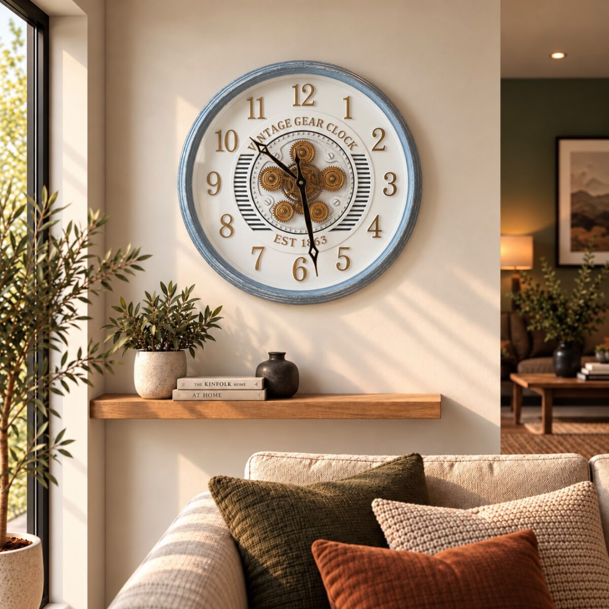 Reloj de Pared Decorativo Vintage con Engranajes y Marco Azul - Ø 50cm 