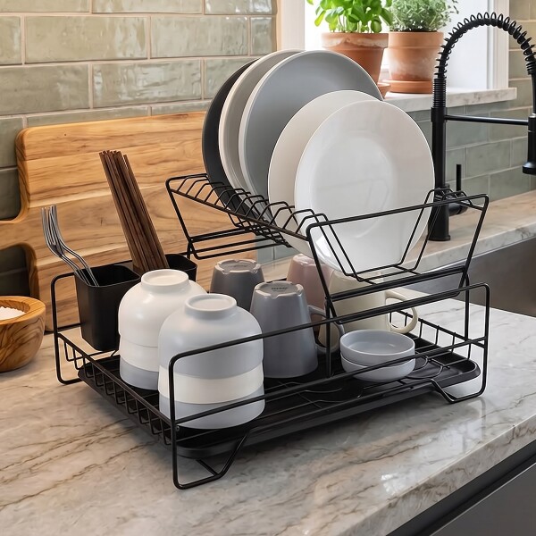 Escurridor de Platos de Cocina Escurreplatos de 2 Niveles Desmontable Color Negro Escurridor de Platos de Cocina Escurreplatos de 2 Niveles Desmontable Color Negro
