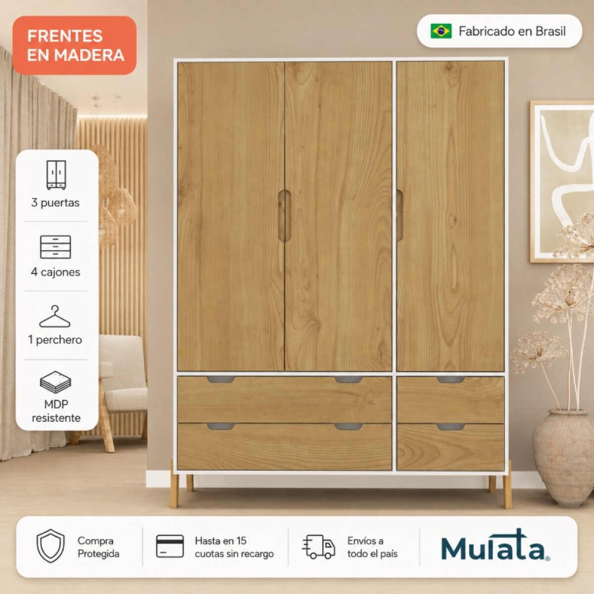 Ropero Armario de 3 Puertas, Perchero y 4 Cajones en MDP - Madera - Línea Melilla - Blanco 