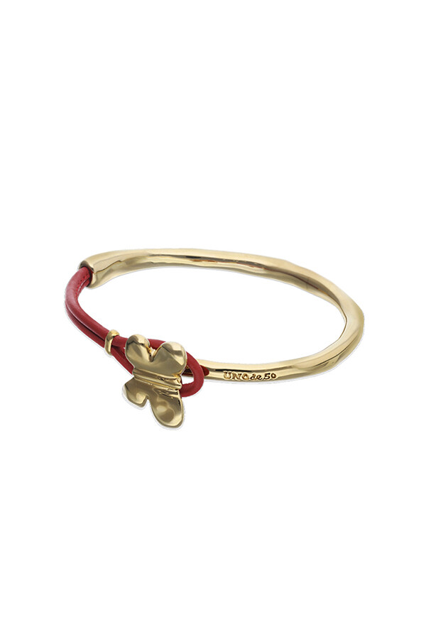 PULSERA DE CUERO ROJO SEMIRIGIDA BAÑADA EN ORO 18K CON MARIPOSA Pulsera