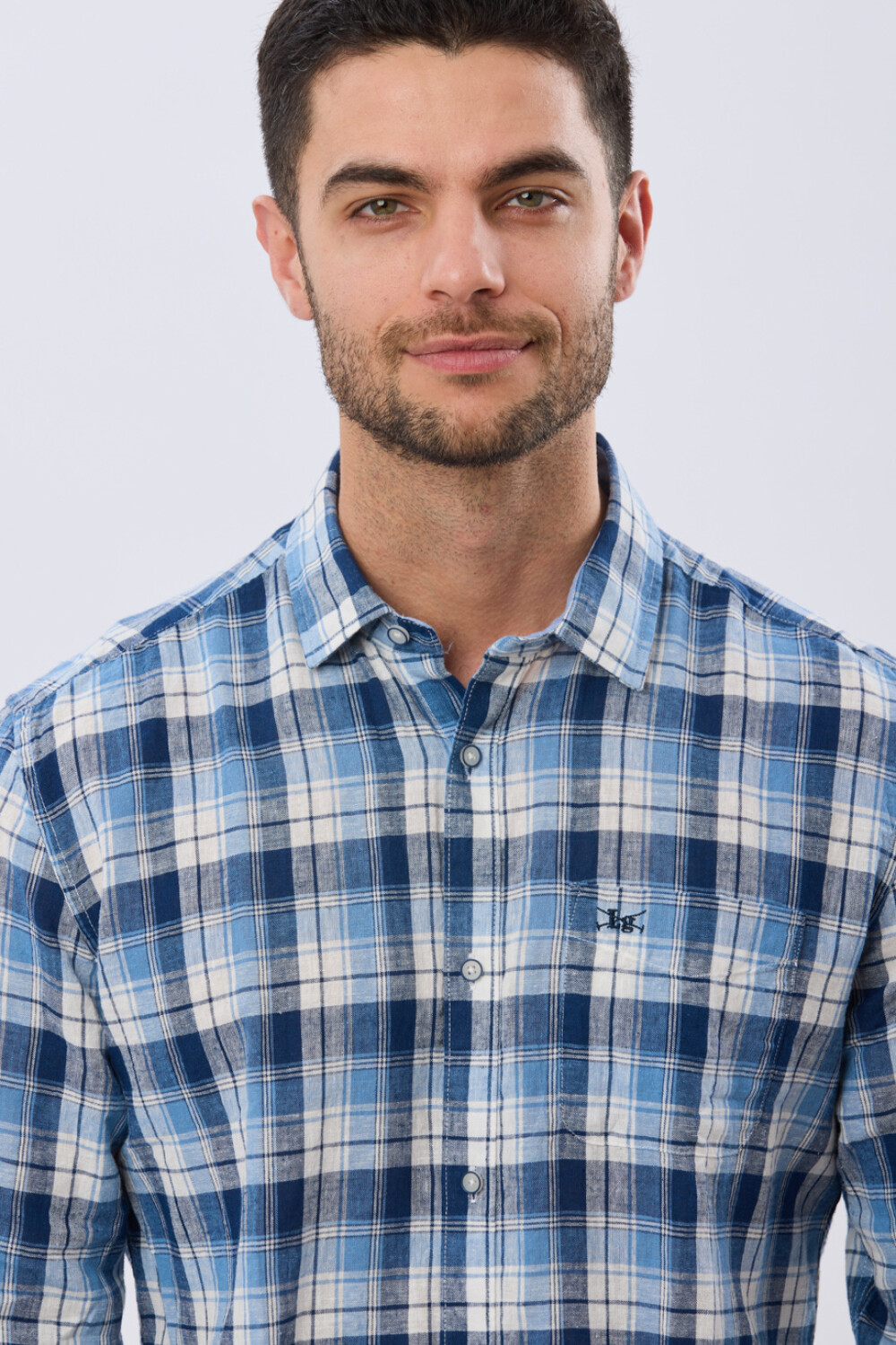 CAMISA CUADROS DE LINO Celeste