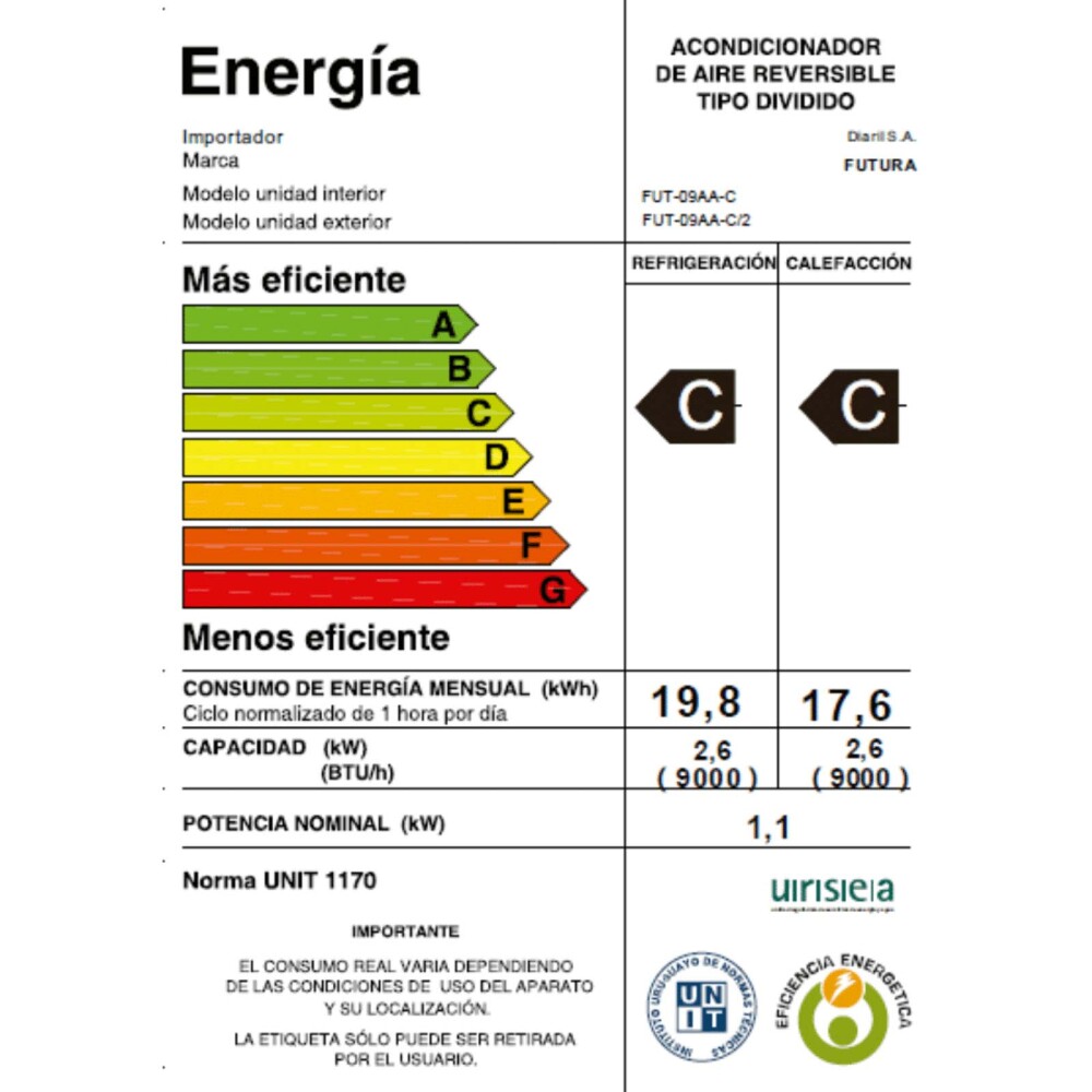 AIRE ACONDICIONADO BLANCO 9000 BTU FUT-09AA-C