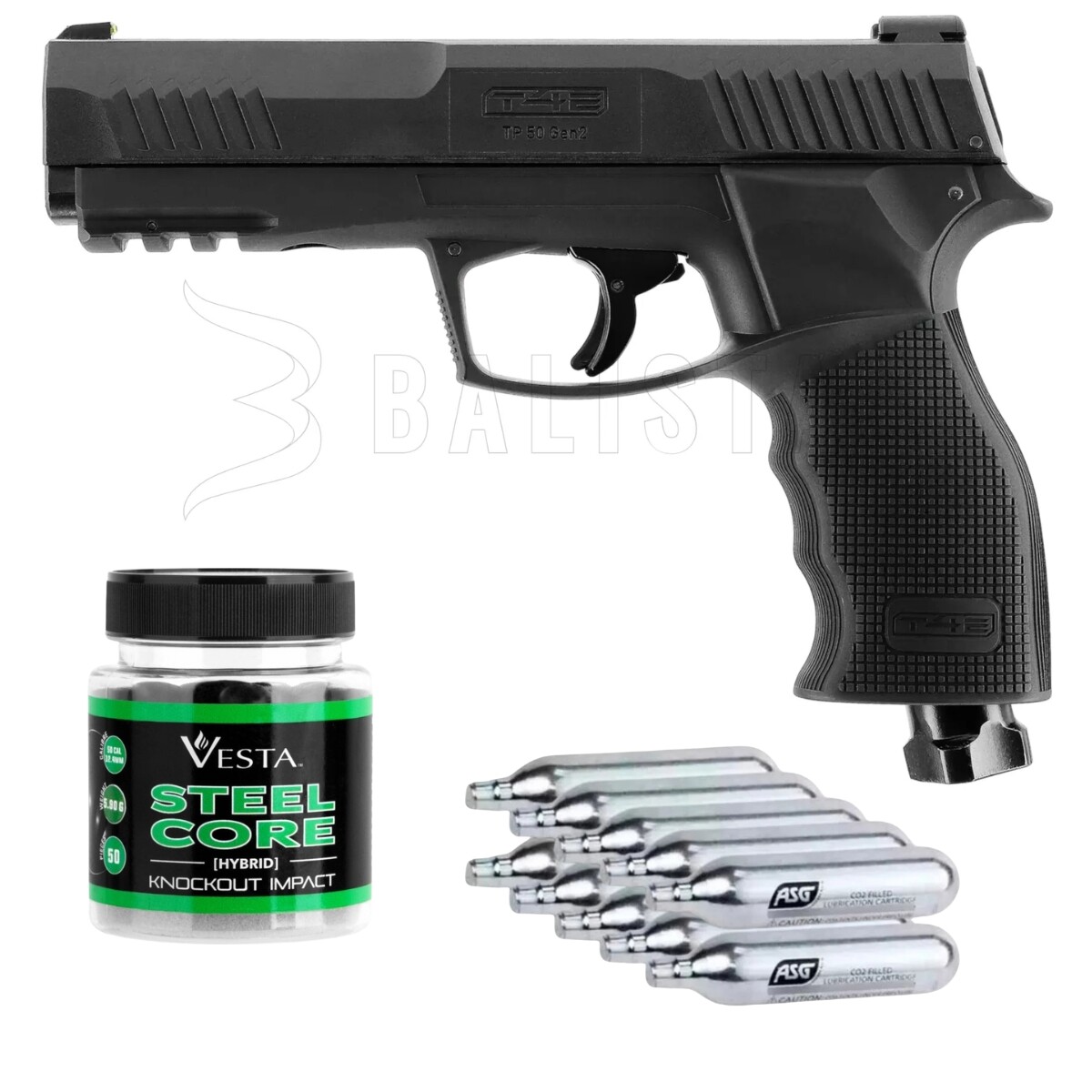 Combo de pistola traumática T4E TP50 + 50 balines Steel Core .50 + 10 garrafas 