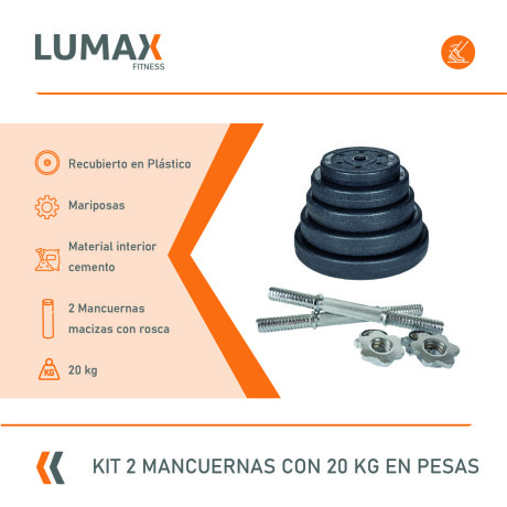 Kit 2 mancuernas cromadas + 20 kgs de Pesas 2x5Kg 2x2.5Kg 4x1.25Kg