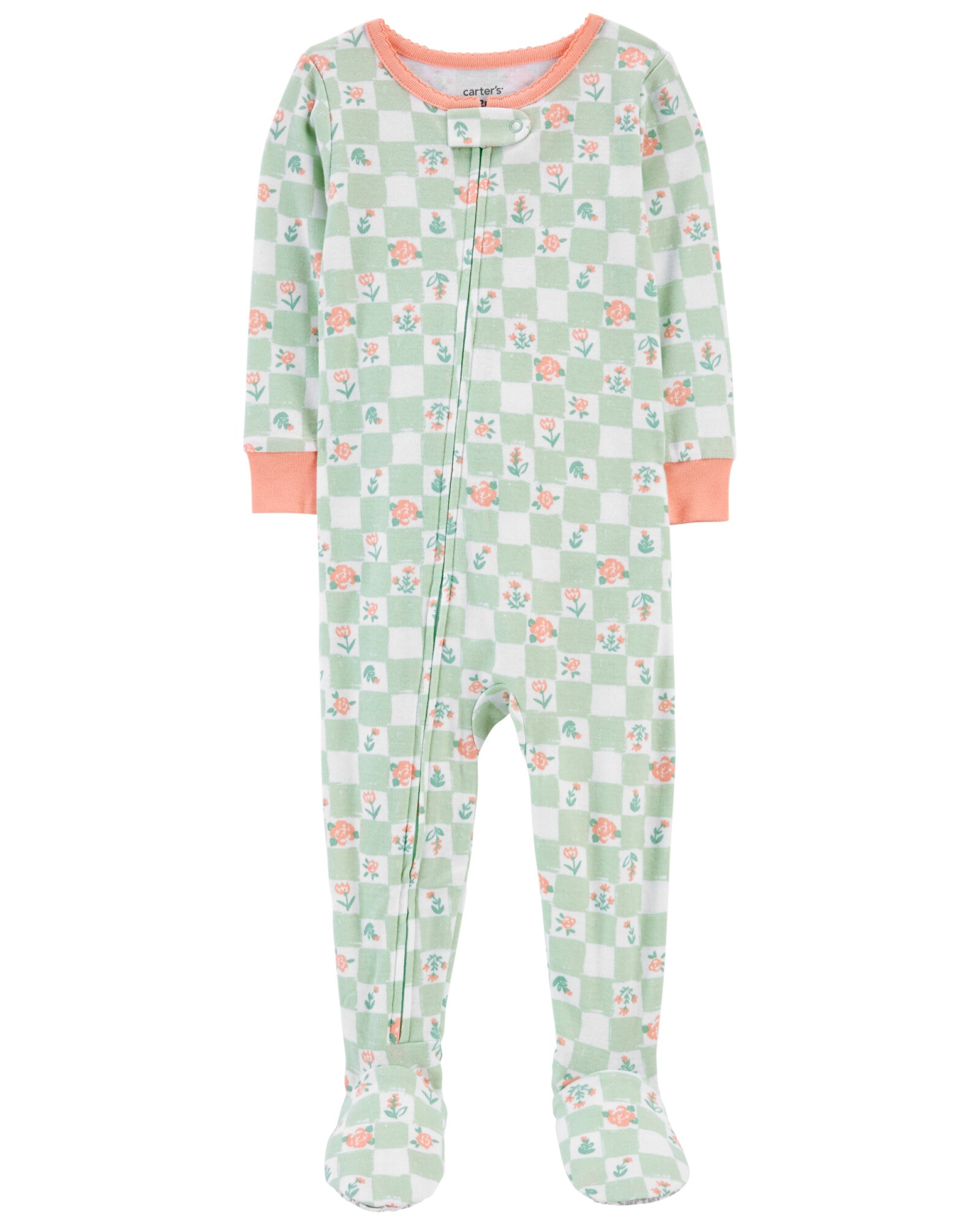 Pijama una pieza de algodón con pie, diseño floral y cuadriculado. Talles 2-5T Sin color