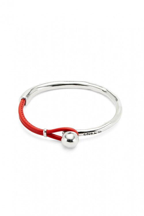 PULSERA SEMIRÍGIDA DE ALEACIÓN DE METALES BAÑADA EN PLATA DE LEY CON CUERO CORAL Pulsera