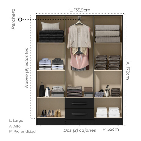 Combo Armario 6 Puertas y Cómoda - MDP - Negro Combo Armario 6 Puertas y Cómoda - MDP - Negro