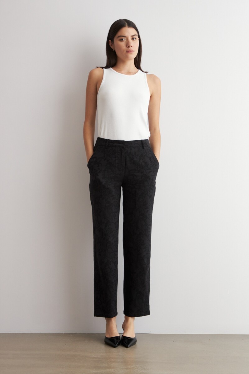 Pantalon recto jacquard floral negro