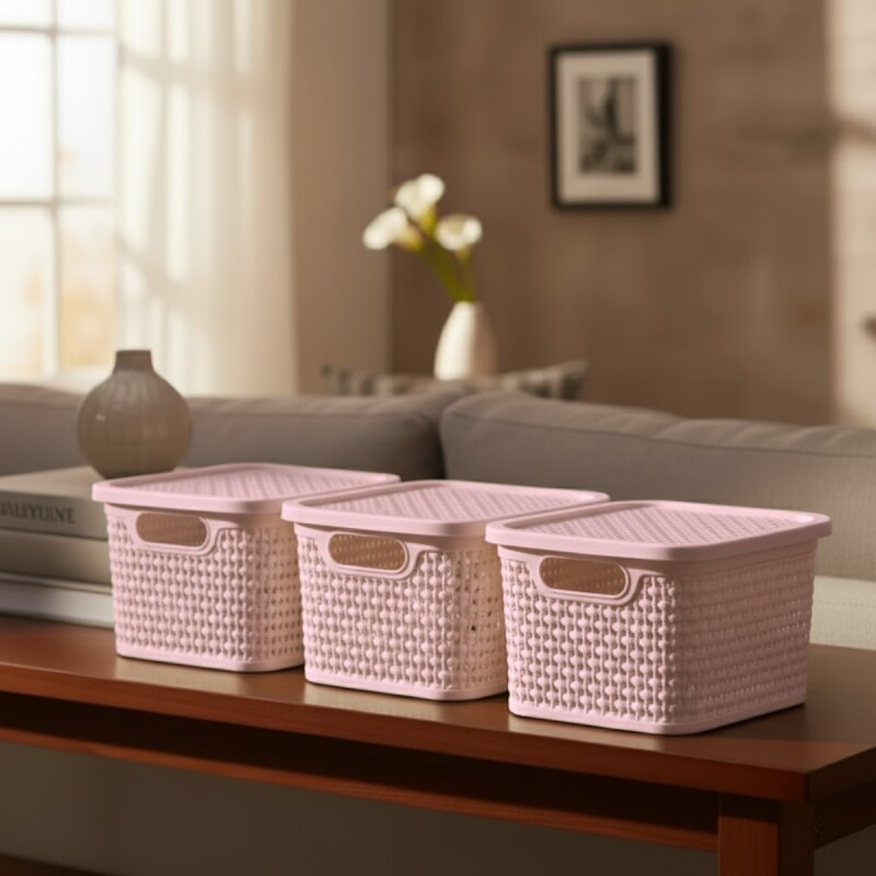 Set x3 Caja simil ratán 2,5 Lts ROSADO