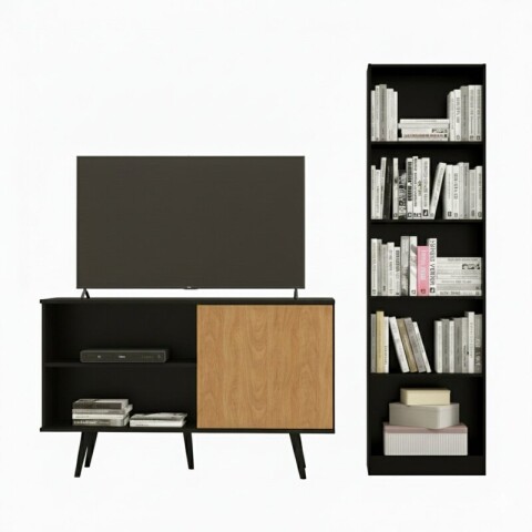 Combo de living Rack de Tv Zenith y Biblioteca Multiusos Anita - Negro Combo de living Rack de Tv Zenith y Biblioteca Multiusos Anita - Negro