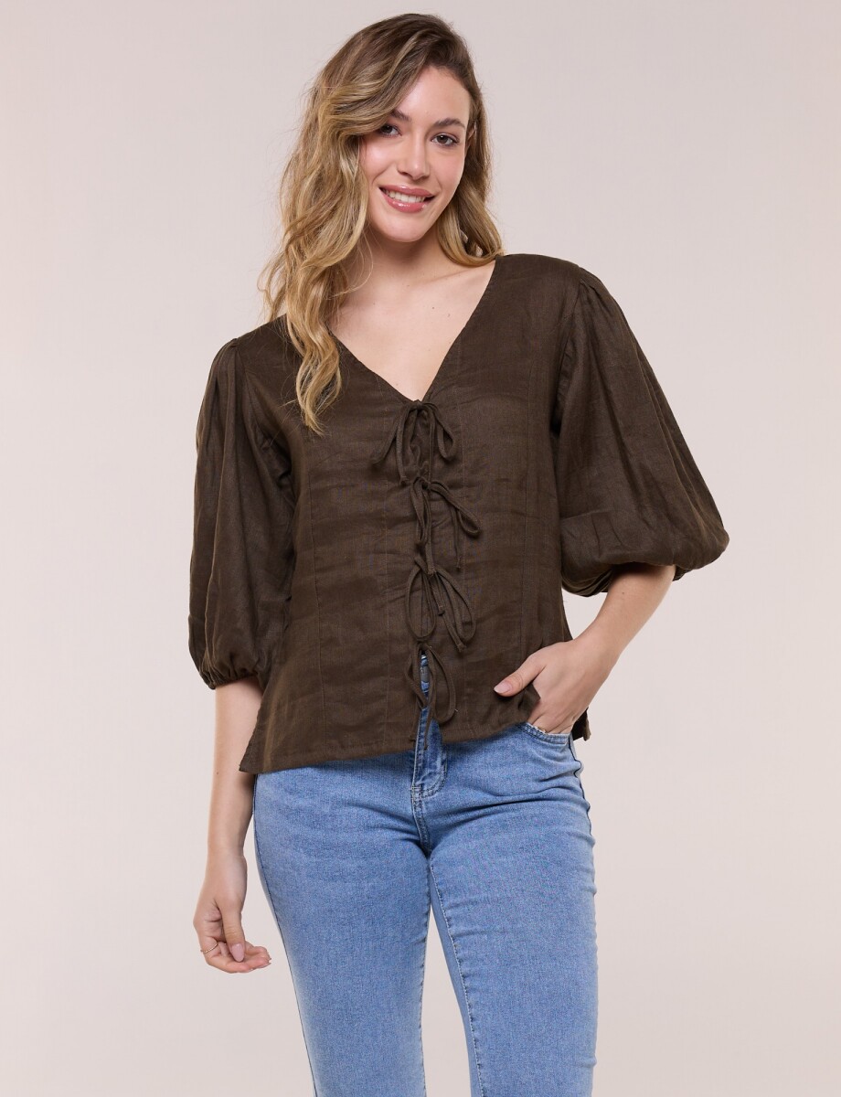 Blusa Lino Con Lazos - Oliva 
