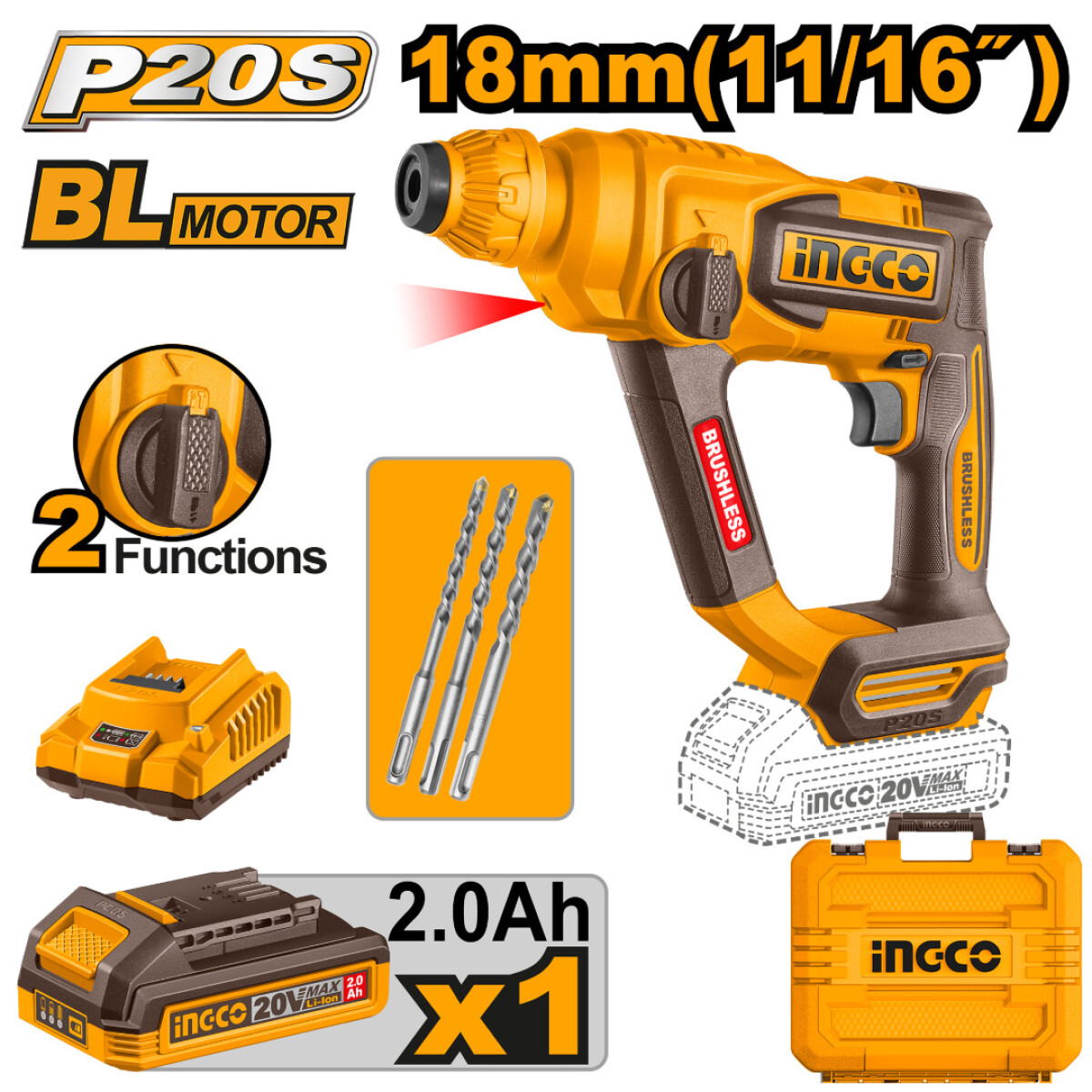 KIT ROTOMARTILLO A BATERÍA INGCO 20V P20S SDS PLUS 1.8J 