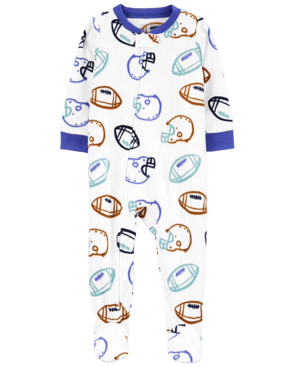 Pijama una pieza de micropolar, con pie, diseño football. Talles 12-24M 