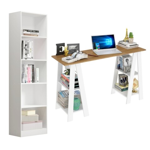 Combo de Escritorio Caballete con Biblioteca 5 Estantes - Blanco Combo de Escritorio Caballete con Biblioteca 5 Estantes - Blanco