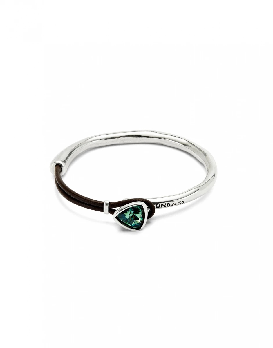 PULSERA FINA CON ALEACIÓN DE METALES BAÑADA EN PLATA DE LEY CON CUERO Y CRISTAL FACETADO VERDE - Pulsera 