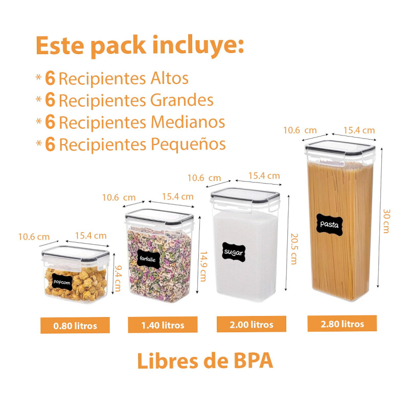 Kit 24 Potes herméticos + Medidores + Etiquetas con marcador TRANSPARENTE