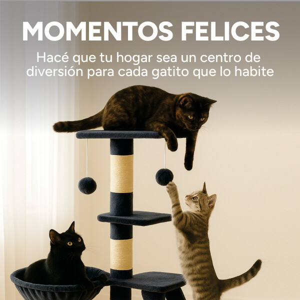 Rascador Torre 5 Niveles En Felpa Y Sisal Para Gato Juego Variante Gris Oscuro Pompom