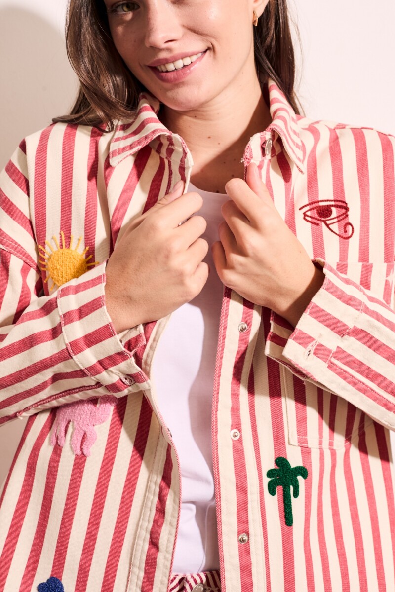 Sobrecamisa Rayas Y Bordado Rojo