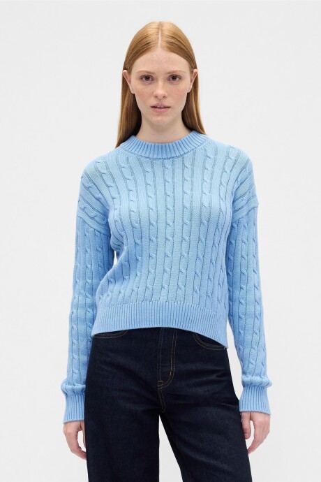 V-LS COTTON CREW ALL OVER CABLE Blue Stone