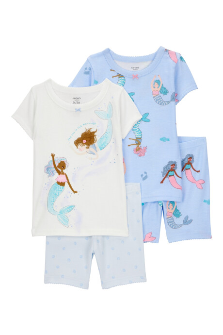 Pijama cuatro piezas de algodón, dos bermudas y dos remeras, diseño sirenas Sin color