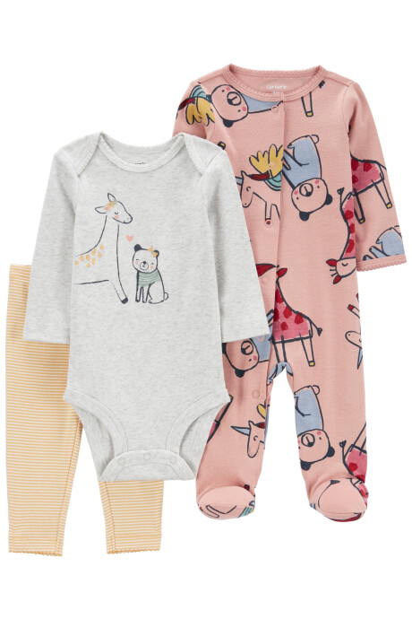 Set tres piezas pijama con pie, calza y body de algodón diseño animales Sin color