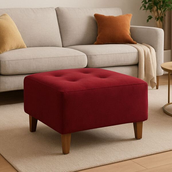Puff tela y patas de madera Bordó