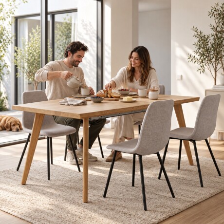 JUEGO DE COMEDOR MESA RECTANGULAR EXTENSIBLE MADERA + 4 SILLAS TAPIZADAS BEIGE