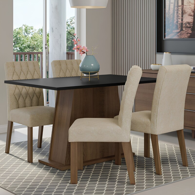 Juego Comedor Lumax Mesa Rustic Negra + 4 Sillas Fiona Crema