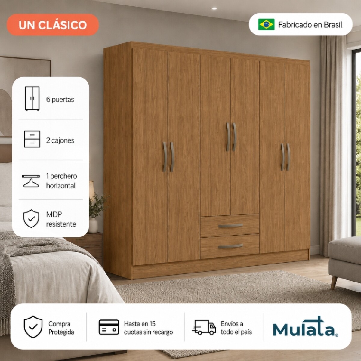 Armario Ropero Placard de 6 Puertas Línea Plus con 2 Cajones y Perchero Horizontal - MDP - Freijo 