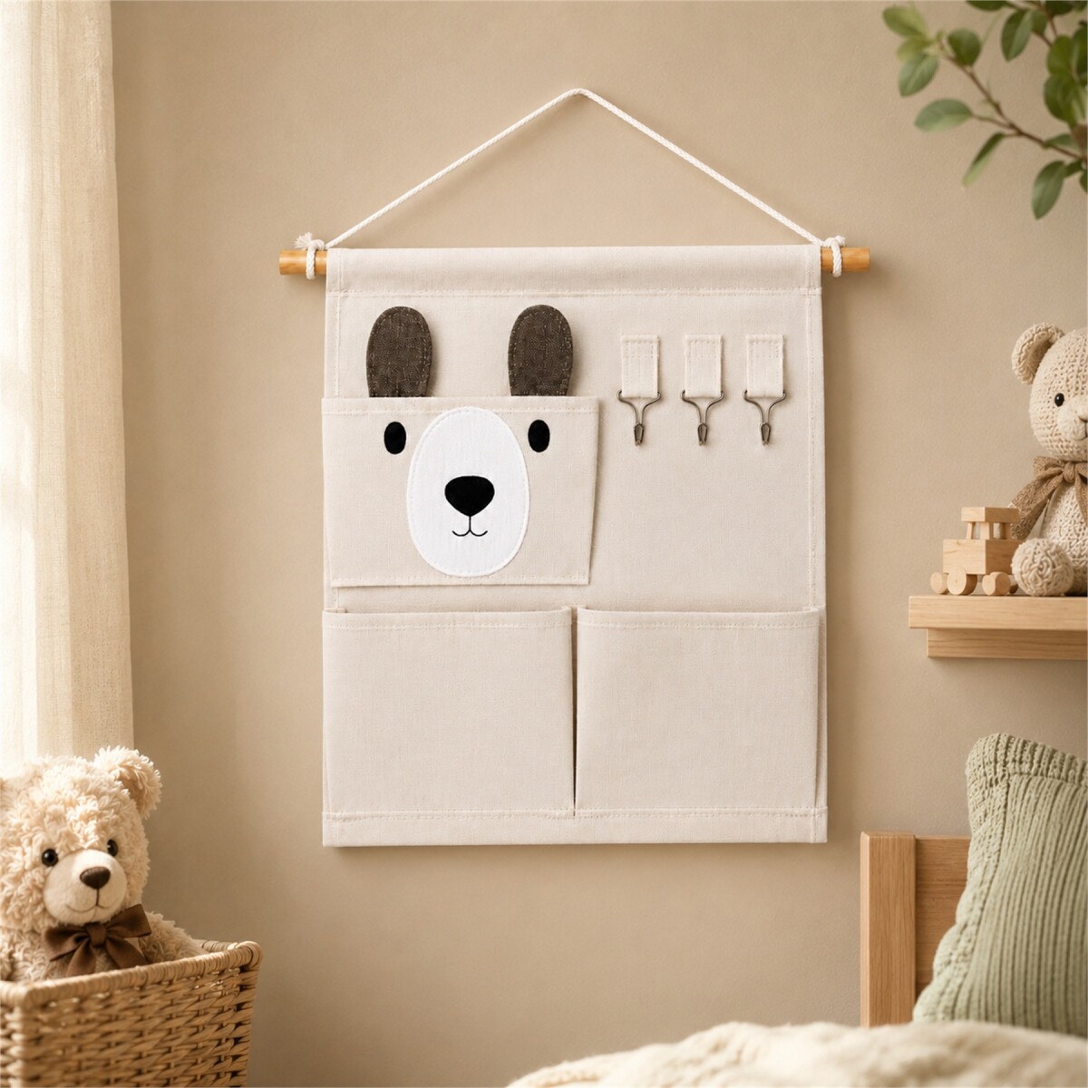 Organizador Colgante Infantil Osito Perchero Bolsillos - Blanco 