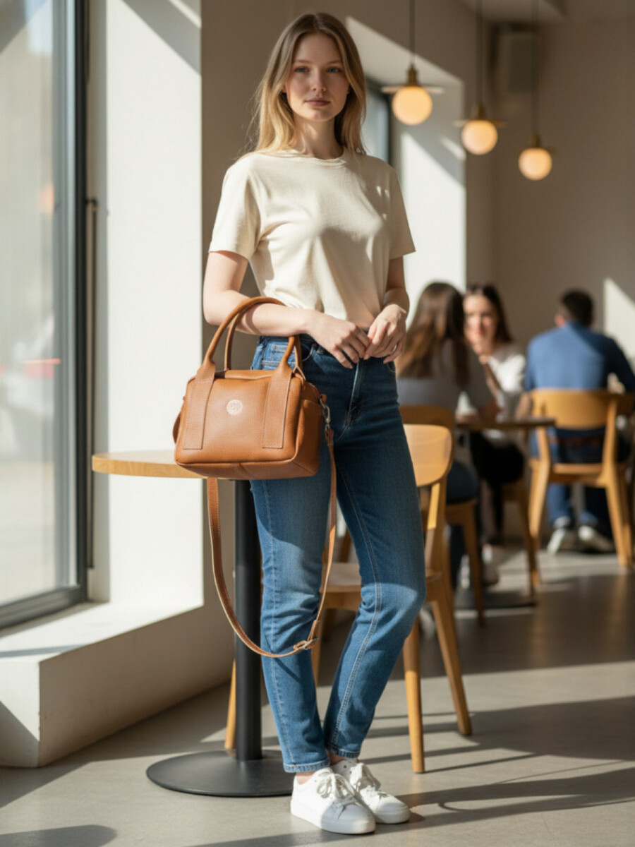 Cartera de Mano y Bandolera 100% Cuero - Dulce de Leche 