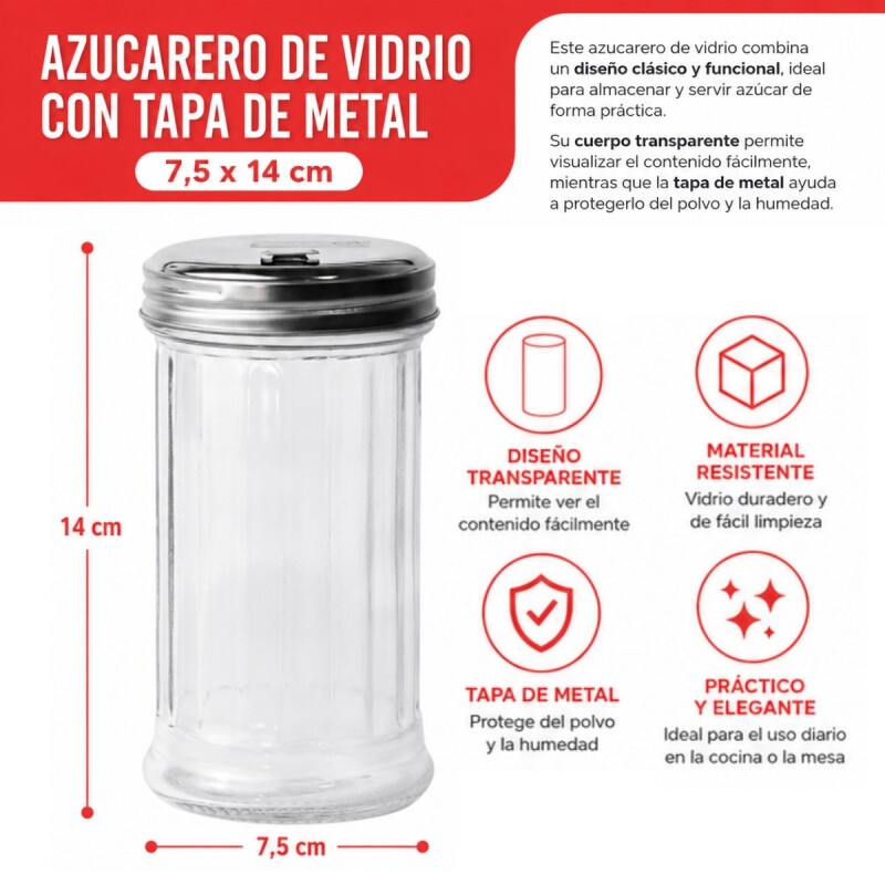 Azucarero vidrio con tapa de metal TRANSPARENTE