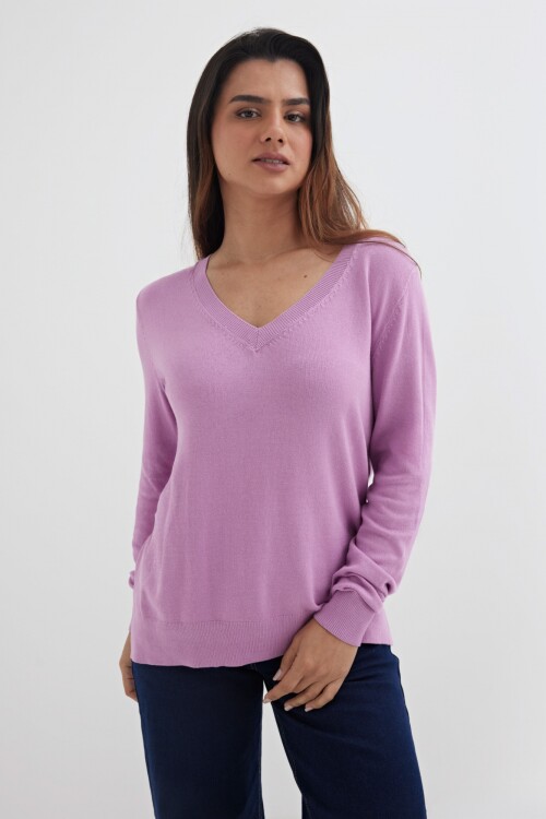 Sweater escote en V liso LILA