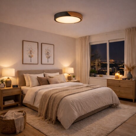 Plafón led circular de madera y aluminio negro mate Luz neutra